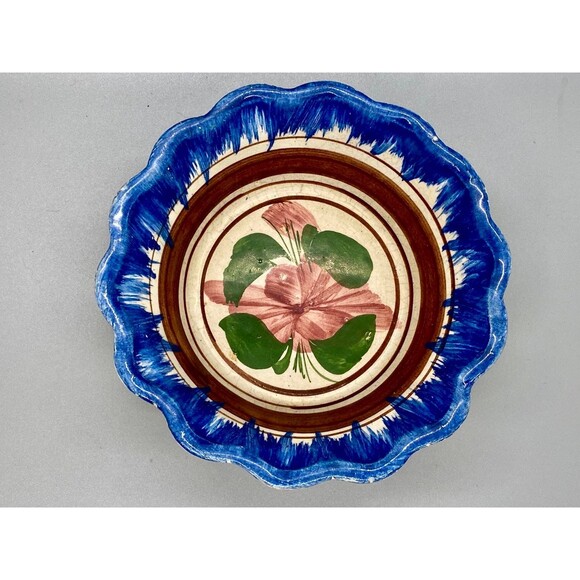 Vintage 6" Oaxacan Drip Ware Fluted Bowl Blue Brown Stripe Flower Hand-Painted - Picture 1 of 7